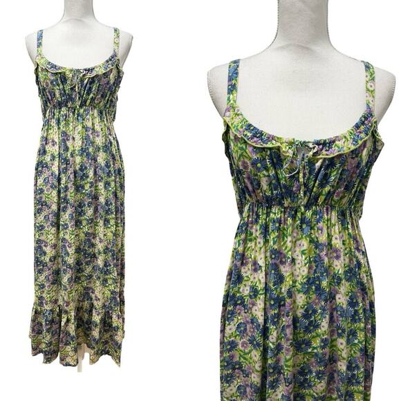 Natural Life Elizabeth Floral Maxi Sundress Size L Green Boho Milkmaid - Picture 1 of 5